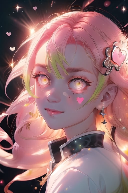 (masterpiece), best quality, expressive eyes, perfect face, glowing eyes, heart pupils, hair ornament, Volumetric Lighting, glitter, blush stickers,makima \(chainsaw man\),glitter,mitsuri(demon slayer)