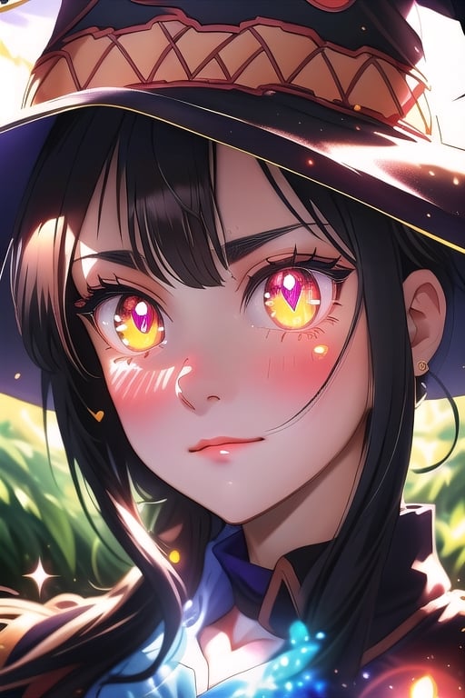 (masterpiece), best quality, expressive eyes, perfect face, glowing eyes, heart pupils, hair ornament, Volumetric Lighting, glitter, blush stickers,outfit-km,Megu-KJ, wizard hat