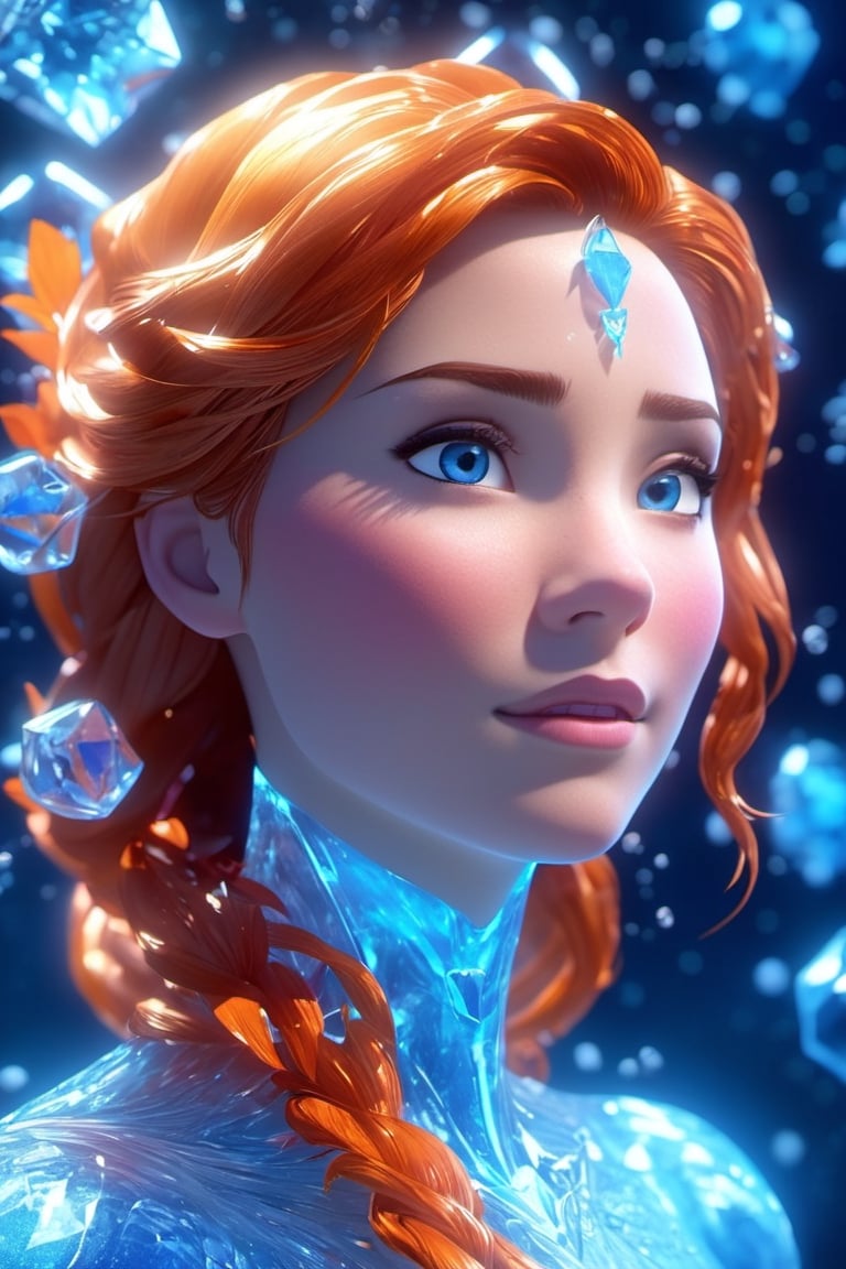 the frozen, woman water body, nature, subsurface scattering, transparent, translucent skin, glow, bloom, Bioluminescent liquid, 3D style, cyborg style, Movie Still, Leonardo Style, warm color, vibrant, volumetric light,3d,3d style pentagonal face