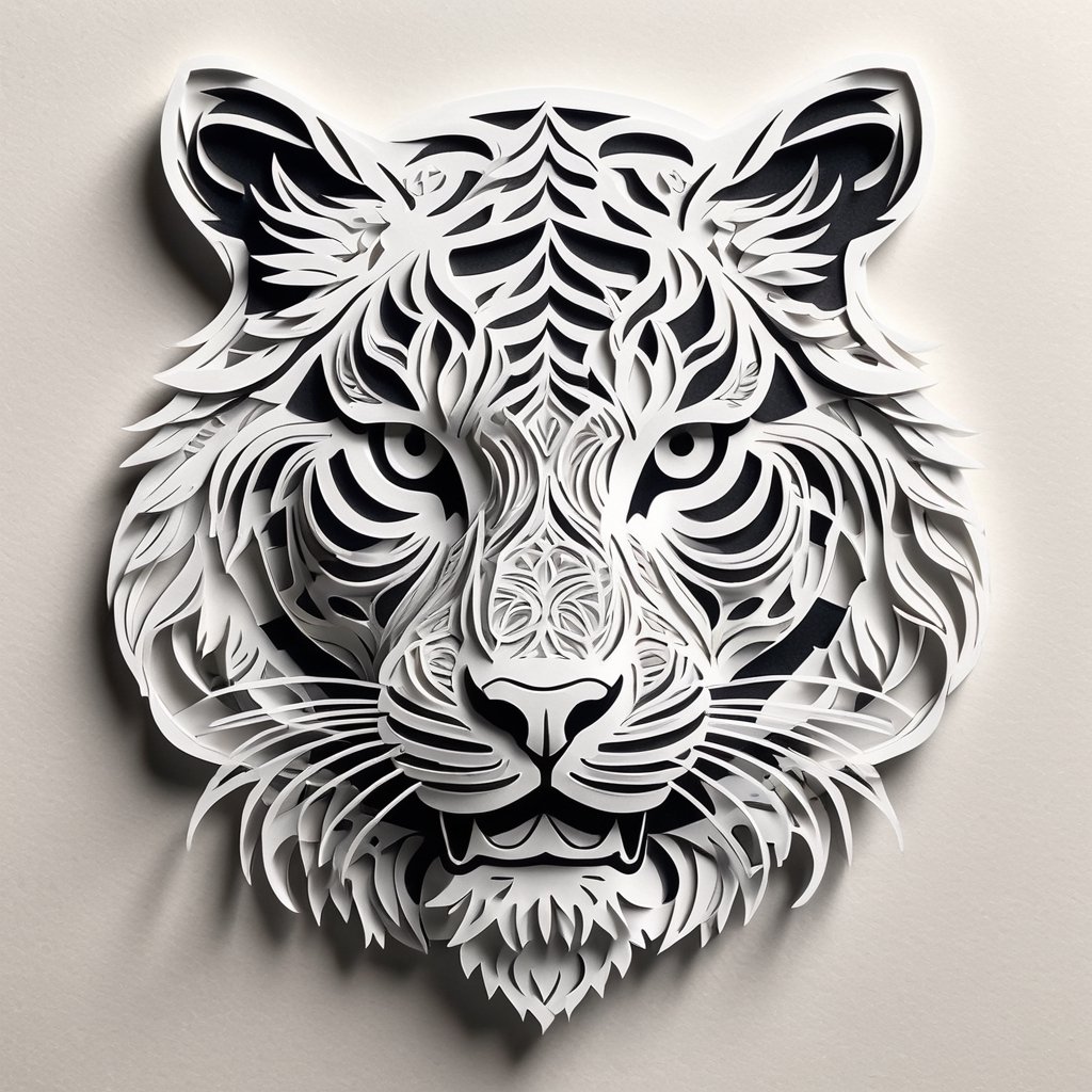 Monochromatic tiger-head Intricate paper-cut illustration,