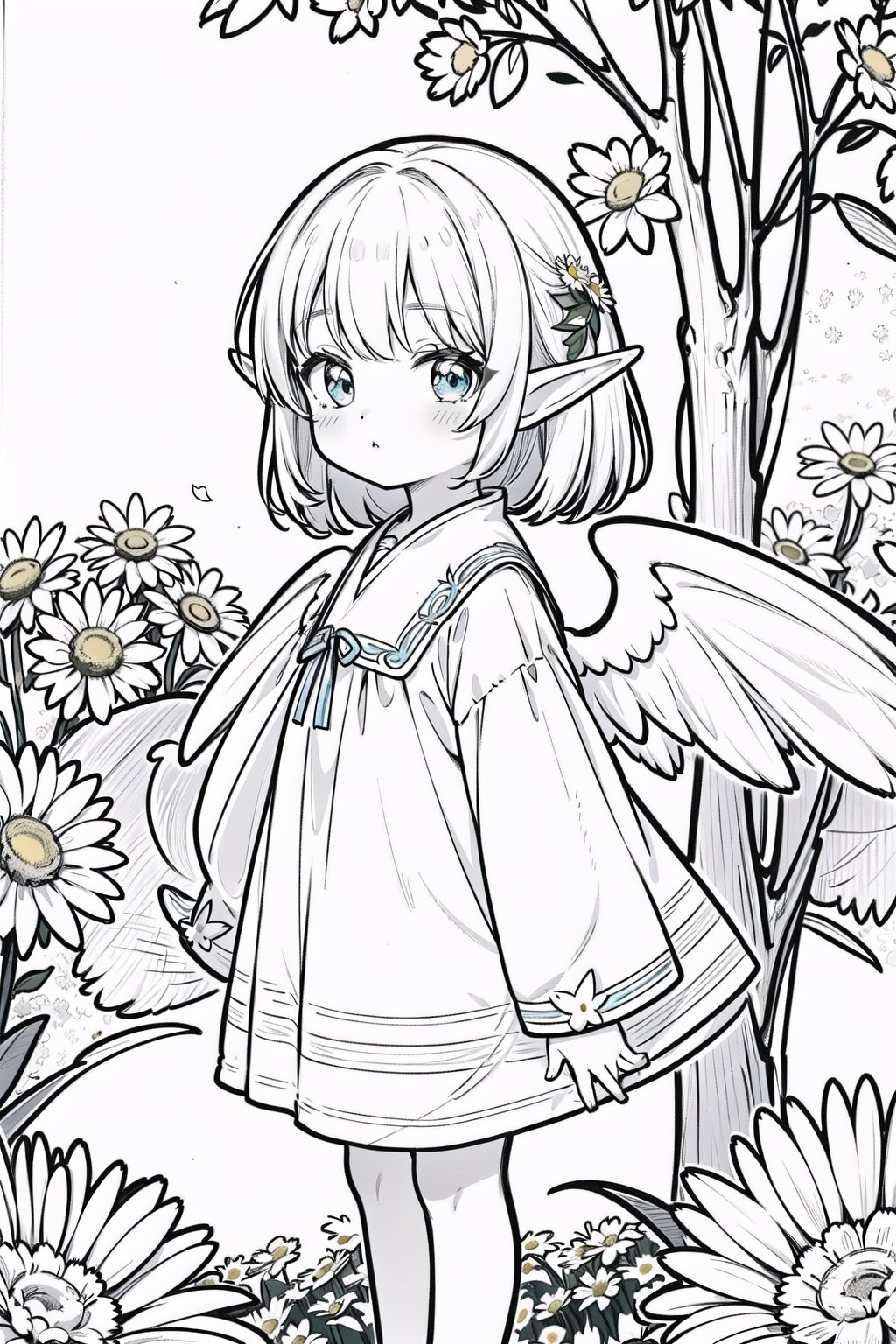 A charming forest elf, her wings as thin as parchment, amidst a dazzling array of daisies., white background (masterpiece, best quality, super detailed, high quality, resolution, highly detailed, textured skin), AGE REGRESSION, oversized clothes, cuteloli, CHILD,line anime,LINEART