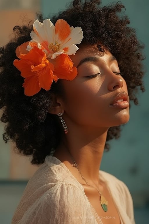 A highly detailed portrait of a confident, dark-skinned woman with smooth, glowing skin. She has curly, voluminous hair, adorned with a large, vibrant orange and white flower, creating a striking contrast against her deep complexion. Her expression is calm and powerful, with her eyes closed and long eyelashes highlighted by warm sunlight. She wears a sheer, white blouse that softly catches the light, enhancing her graceful posture. The background is abstract, with muted colors and blurred geometric shapes, adding to the focus on her serene and captivating presence. The overall atmosphere is one of elegance, beauty, and empowerment.