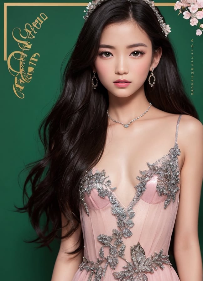 (Best Quality, Masterpiece, Ultra Detailed, Flat Color, 128K, Professional photography) Calendar cover, featuring a young half Filipino and Bolivian girl, jet black hair, 16 years old. She radiates natural beauty with soft highlights, her long silky black hair in waves, adorned with small sparkling flowers. She wears a wavy and delicately layered lace dress decorated with pink and silver rhinestones and gemstones. Acrylic art enhances the modern and elegant neo-rococo style, creating a luxurious and sophisticated visual appeal. (green screen). Plunging neckline, C tit cup. No text