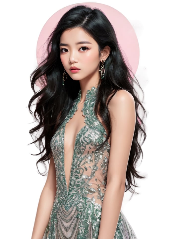 (Best Quality, Masterpiece, Ultra Detailed, Flat Color, 128K, Professional photography) featuring a young half Filipino and Bolivian girl, jet black hair, 16 years old. She radiates natural beauty with soft highlights, her long silky black hair in waves, adorned with small sparkling flowers. She wears a wavy and delicately layered lace dress decorated with pink and silver rhinestones and gemstones. Acrylic art enhances the modern and elegant neo-rococo style, creating a luxurious and sophisticated visual appeal. (green screen). Plunging neckline, C tit cup. No text