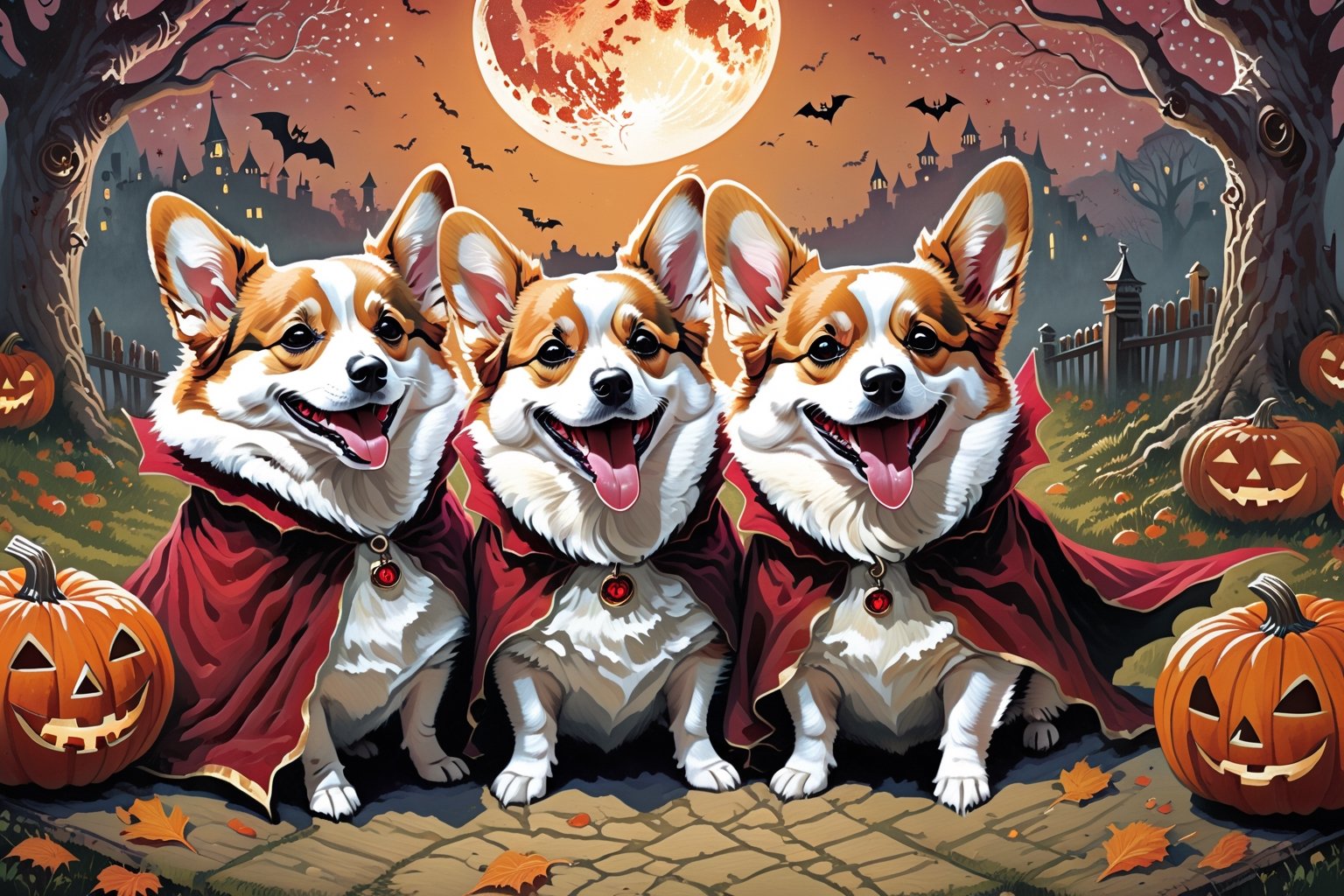 best quality, extremely detailed, 8k, Welsh Corgis, white trim, Fawn, giggling, Middle Ages village, Halloween, dress up as a vampire, vampire teeth, Trick-or-treating, Cute, Whimsical, foolish, Magical, Vision, funny, enjoyable, elaborate scene style, glitter, high contrast,(cinematic, dark red and white film),(muted colors, dim colors, soothing tones:1.3), low saturation,(hyperdetailed:1.2),(noir:0.4)