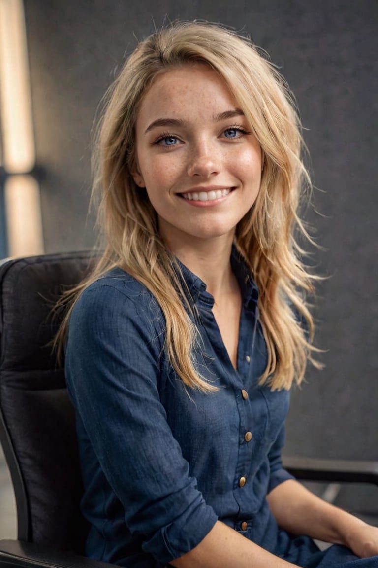 realistic detailed image, ((Shoulders Portrait, a Beautiful Caucasian female sitting in an interview chair smiling, Documentary interview surroundings, grey background,large space, Rimlight,hairlight,Gel light,Softbox reflection in the eyes)),Blonde, epic, cinematic photography with F1.4 aperture, 16k hdr, volumetric lighting, depth of field, hyperrealism, bright colors and textures,(RAW photo, best quality), (realistic, photo-Realistic:1.3), best quality, masterpiece, beautiful and aesthetic, 16K, (HDR:1.4), high contrast, (vibrant color:1.4), (muted colors, dim colors, soothing tones:0), cinematic lighting, ambient lighting, sidelighting, Exquisite details and textures, cinematic shot, Warm tone, (Bright and intense:1.2),Extremely Realistic, soft lights,rebevelin,skswoman