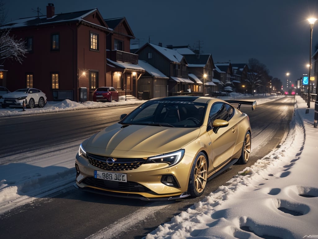 2030s era, supercar, coupe, gold body paint, racing custom, open front light, designed by OPEL, in the festival, snowy, night time, (best quality, realistic, photography, highly detailed, 8K, HDR, photorealism, naturalistic, lifelike, raw photo) 