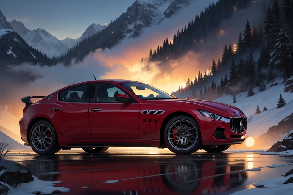 Rally car, (Maserati), in the mountains, misty, night, (from side view), 