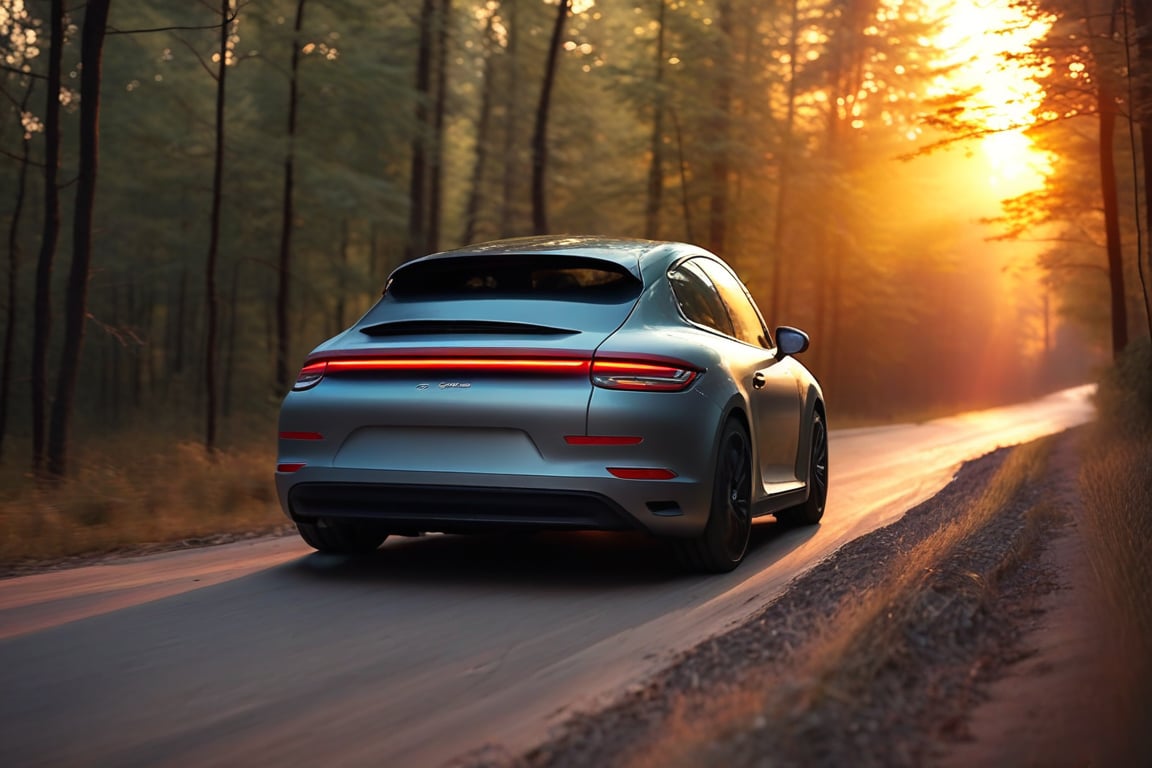 Realistic candid photo, hatchback car, brand Porsche, in the forest, dirt road, evening, sunset, view from back,