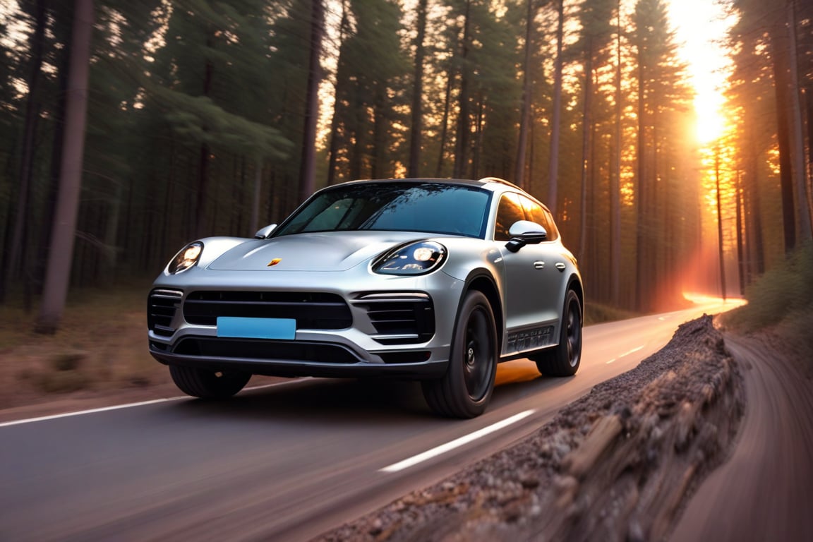 Realistic candid photo, SUV car, brand Porsche, matte silver body, all-terrain-tire, in the forest, dirt road, evening, sunset, view from below,
