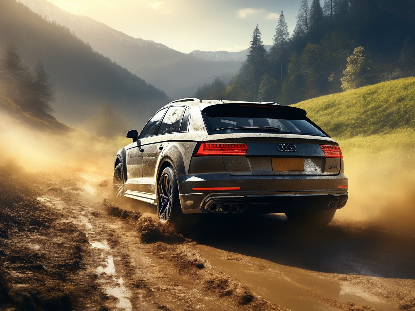 Rally car, (Audi), in the valley, mud stained, morning, sunny, (back view), (realistic, photo, photorealistic)