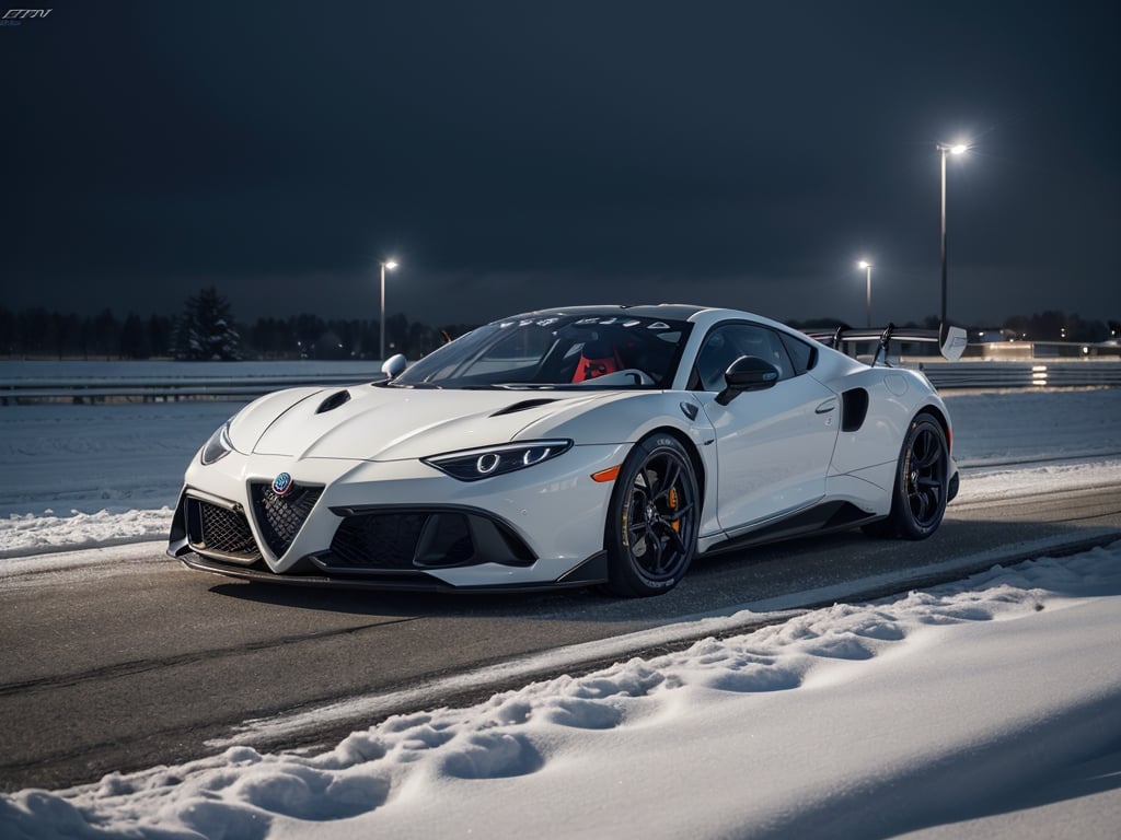 2030s era, supercar, coupe, white body paint, racing custom, open front light, designed by Alfa Romeo, in the festival, snowy, night time, (best quality, realistic, photography, highly detailed, 8K, HDR, photorealism, naturalistic, lifelike, raw photo) 