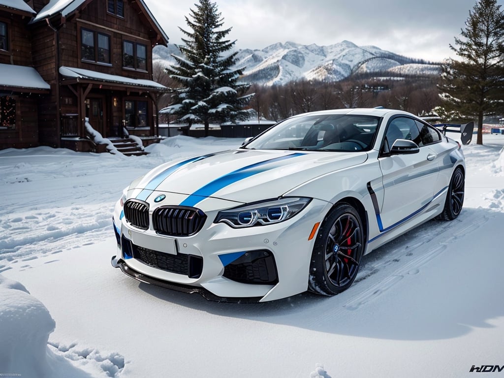 supercar, coupe, racing modified, blue front light, white body, produced in 2030, designed by BMW, in the christmas festival, snowy, daytime, (best quality, realistic, photography, highly detailed, 8K, HDR, photorealism, naturalistic, lifelike, raw photo) 