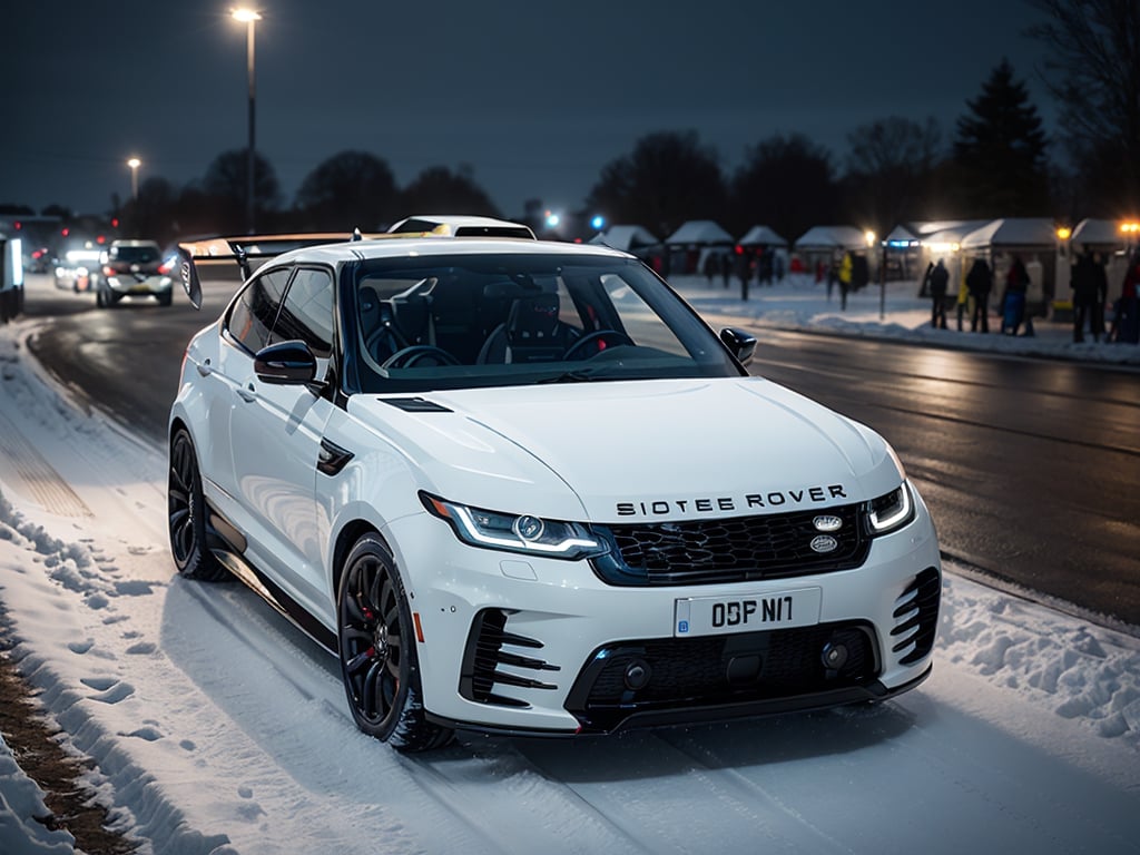 2030s era, supercar, coupe, racing custom, open front light, black body, designed by Land Rover, in the festival, snowy, night time, (best quality, realistic, photography, highly detailed, 8K, HDR, photorealism, naturalistic, lifelike, raw photo) 