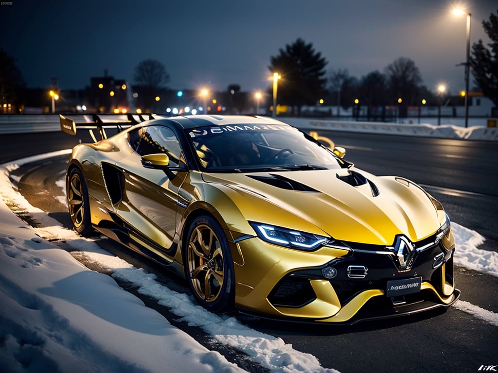 2030s era, supercar, coupe, gold body paint, racing custom, open front light, designed by Renault, in the festival, snowy, night time, (best quality, realistic, photography, highly detailed, 8K, HDR, photorealism, naturalistic, lifelike, raw photo) 