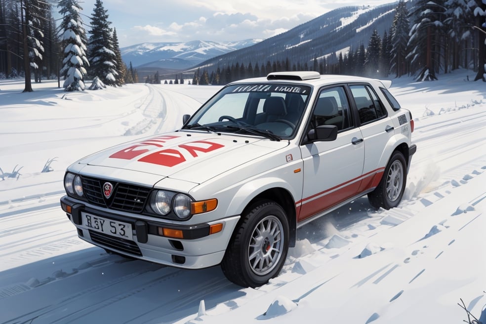 Rally car, (Lancia), in the valley, snowy, morning, (from front view),