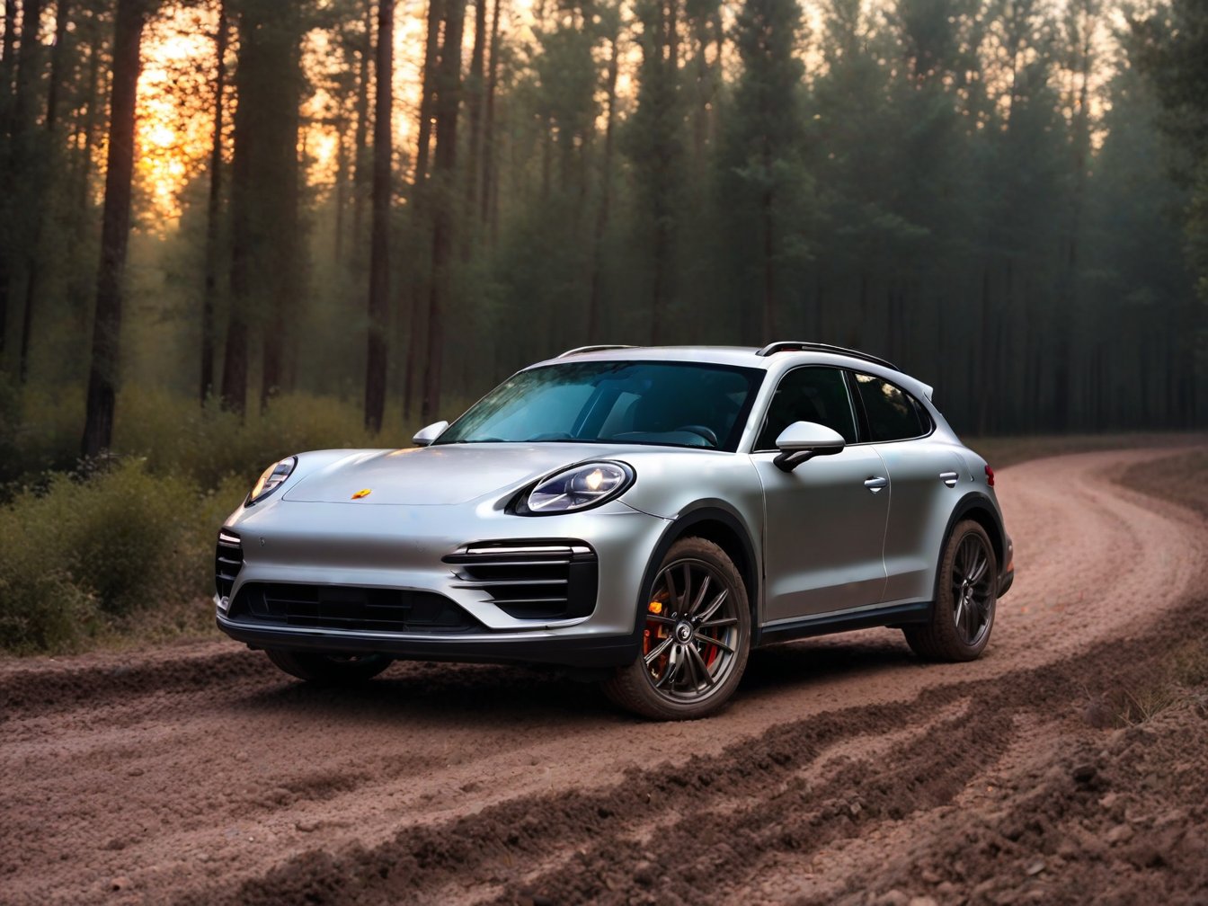 Realistic candid photo, hatchback car, brand Porsche, matte silver body, all-terrain-tire, in the forest, dirt road, evening, sunset, view from front,
