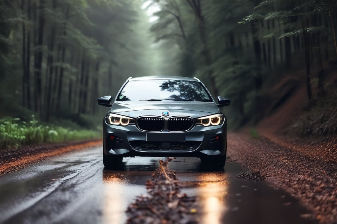 Realistic candid photo, hatchback car, brand BMW, in the forest, dirt road, noon, rainy, view from front,
