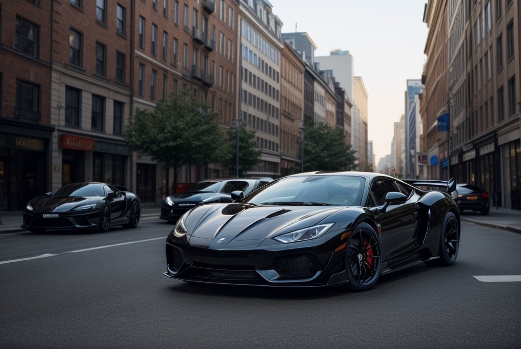 hyper cars, in the city, black paint, morning, (masterpiece, best quality, highly detailed) 