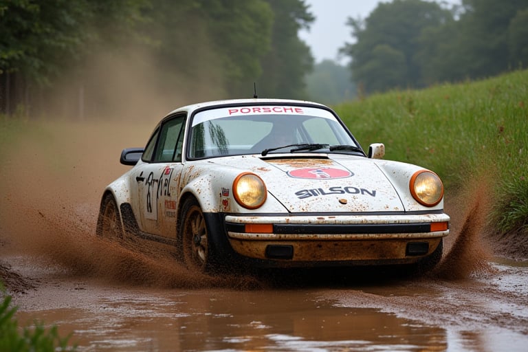 Rally car, (Porsche), in the wild, mud stained, rainy, noon, 