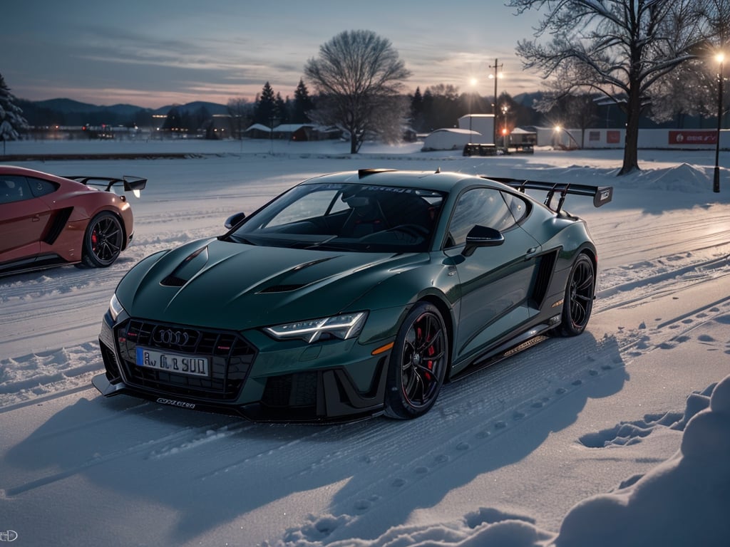 2030s era, supercar, coupe, racing custom, open front light, black body, designed by Audi, in the festival, snowy, night time, (best quality, realistic, photography, highly detailed, 8K, HDR, photorealism, naturalistic, lifelike, raw photo) 