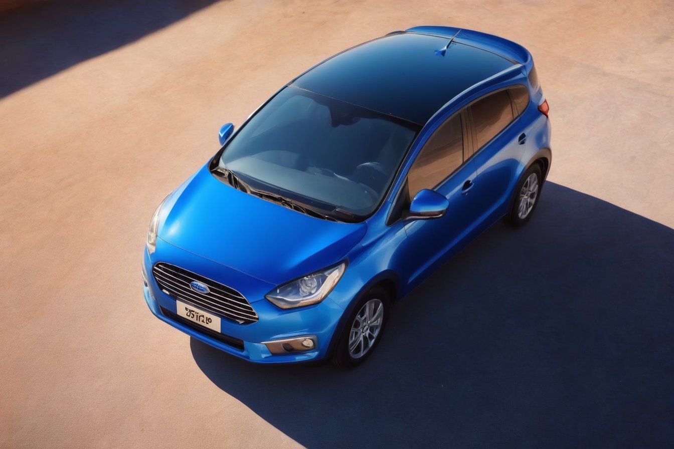 Realistic candid photo, view from above, hatchback car, brand Ford, gross blue body, in the desrt, morning light, high shadow detail,
