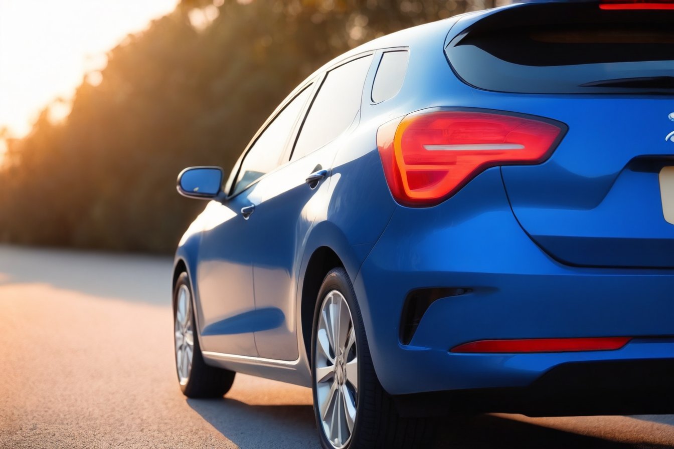 Realistic candid photo, view from side, hatchback car, brand Ford, gross blue body, in the desrt, morning light, high shadow detail,
