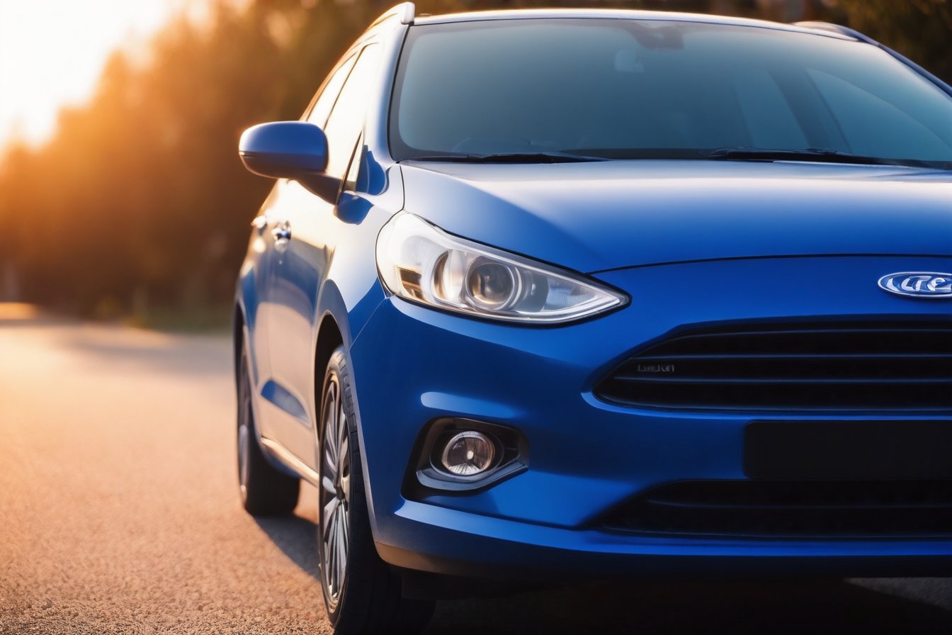 Realistic candid photo, view from front, hatchback car, brand Ford, gross blue body, in the desrt, morning light, high shadow detail,
