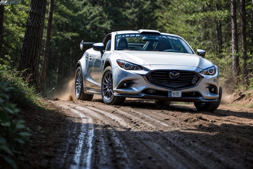 Rally cars, roadster, silver paint, (Mazda), in the woods, mud stained, front view, (masterpiece, best quality, extremely detailed), (realistic, photorealistic, high resolution) 