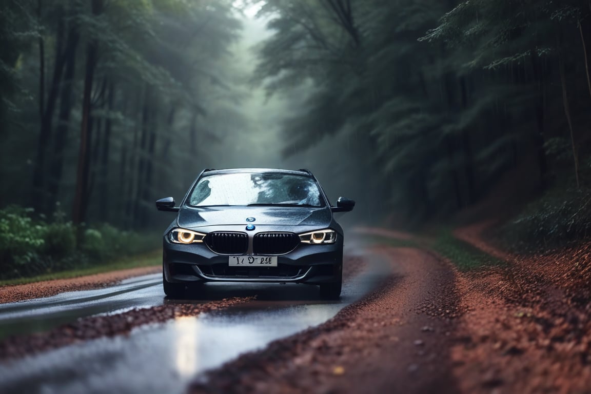 Realistic candid photo, hatchback car, brand BMW, in the forest, dirt road, noon, rainy, view from low,
