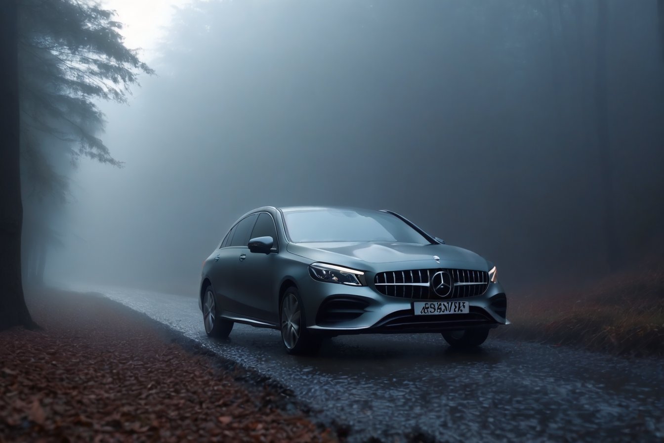 Realistic candid photo, hatchback car, brand Mercedes-Benz, gross body, in the woods, stream, dawn, foggy, view from low,
