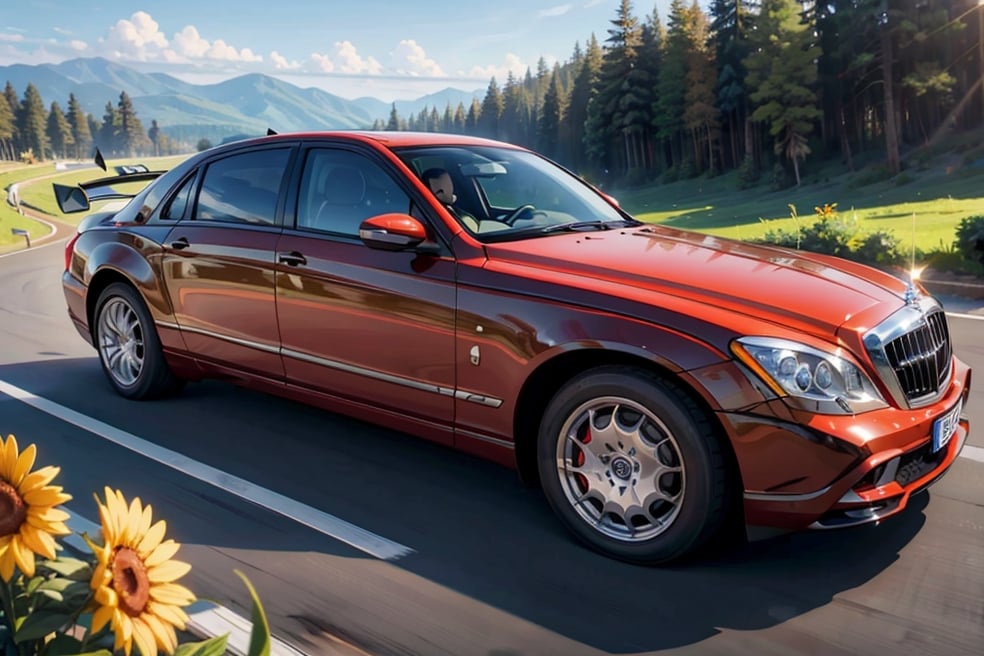 Rally car, (Maybach), in the wild, sunsrt, evening, (from side view), 