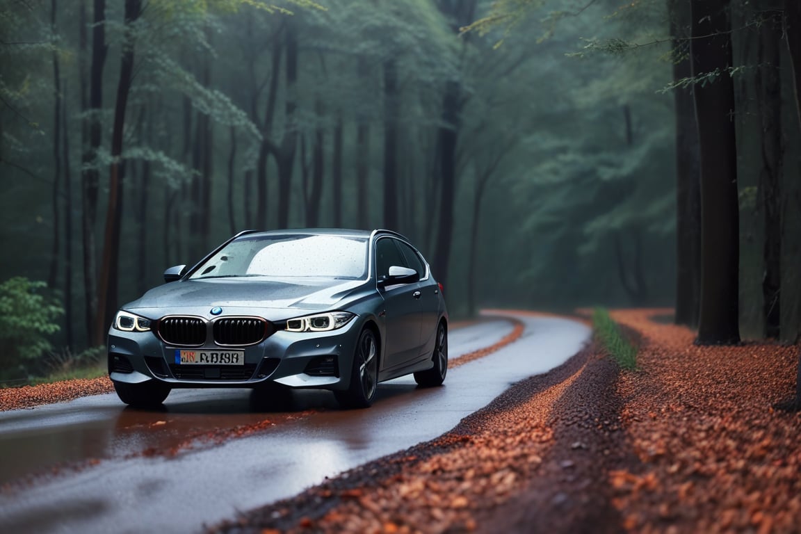 Realistic candid photo, hatchback car, brand BMW, in the forest, dirt road, noon, rainy, view from side,
