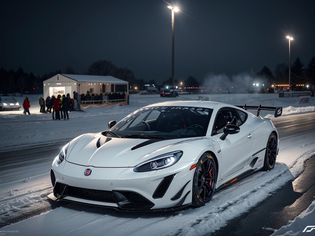 2030s era, supercar, coupe, white body paint, racing custom, open front light, designed by FIAT, in the festival, snowy, night time, (best quality, realistic, photography, highly detailed, 8K, HDR, photorealism, naturalistic, lifelike, raw photo) 