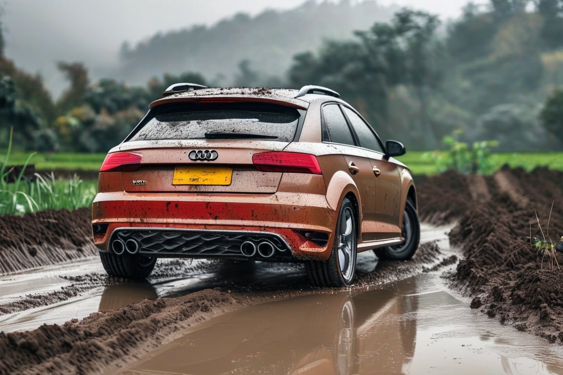 Rally car, hatchback, red body, (Audi), in the valley, dirt, mud, morning, rainy, (back view), (realistic, photo, photorealistic)