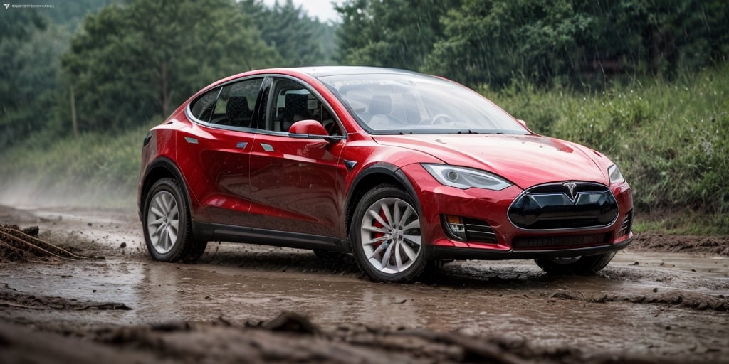 Rally car, (Tesla), in the wild, rainy, mud stained, front view, (masterpiece, best quality, extremely detailed), (realistic, photorealistic, high resolution) 