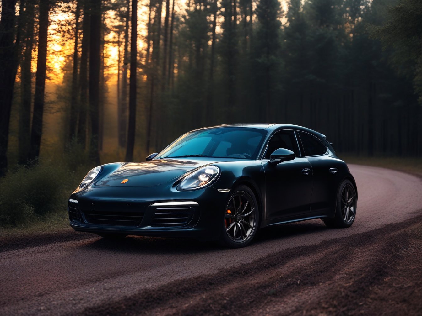 Realistic candid photo, hatchback car, brand Porsche, matte black, in the forest, dirt road, evening, sunset, view from front,
