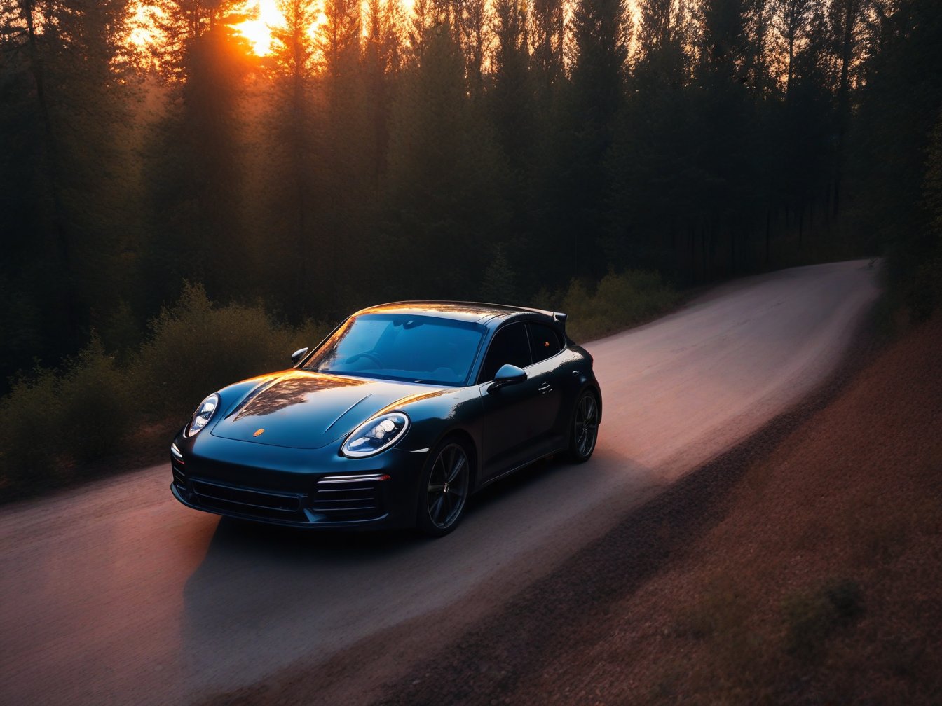 Realistic candid photo, hatchback car, brand Porsche, matte black, in the forest, dirt road, evening, sunset, view from above,
