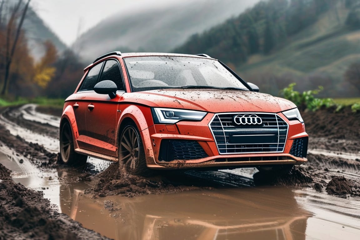 Rally car, hatchback, red body, (Audi), in the valley, dirt, mud, morning, rainy, (front view), (realistic, photo, photorealistic)