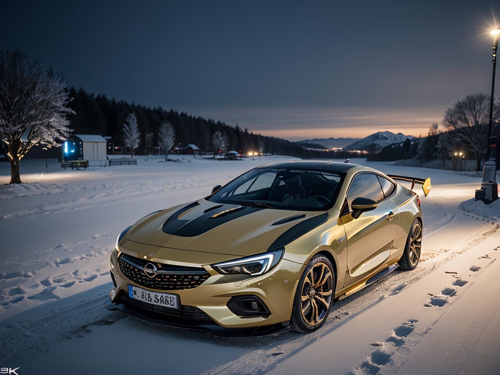 2030s era, supercar, coupe, gold body paint, racing custom, open front light, designed by OPEL, in the festival, snowy, night time, (best quality, realistic, photography, highly detailed, 8K, HDR, photorealism, naturalistic, lifelike, raw photo) 