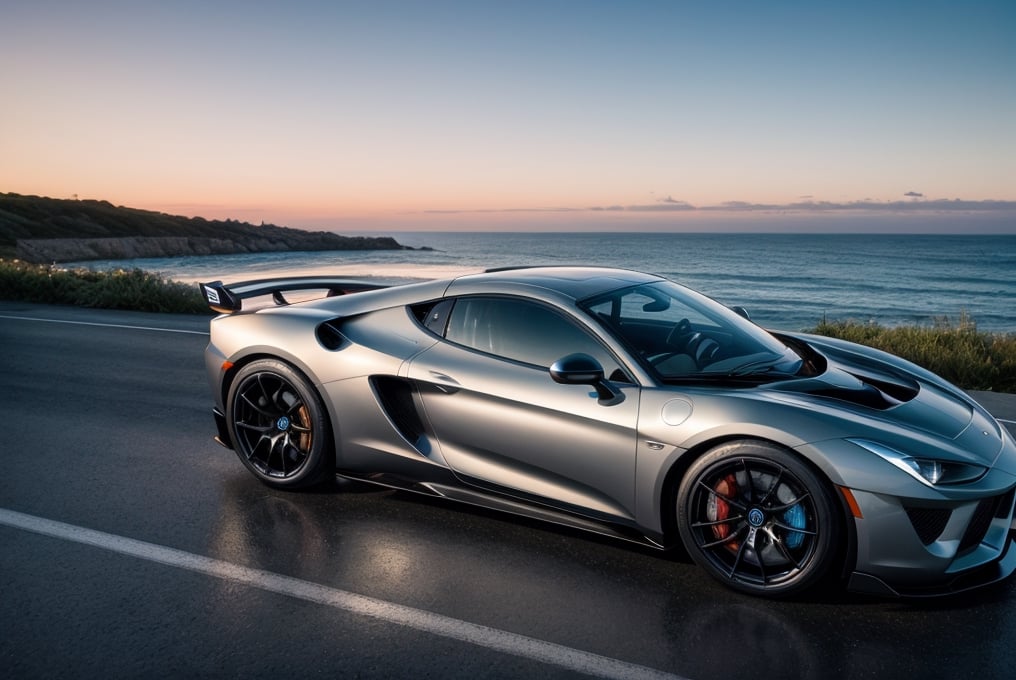 hyper cars, in the road, sea, silver paint, sunset, side view, (masterpiece, best quality, highly detailed) 
