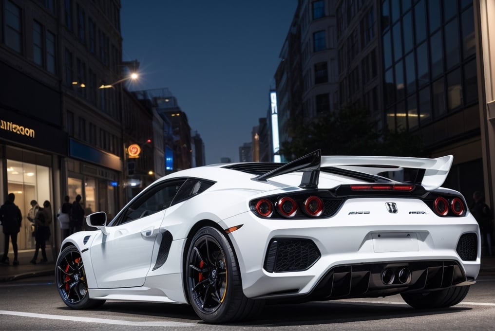 hyper cars, in the city, white paint, night, back view, (masterpiece, best quality, highly detailed) 
