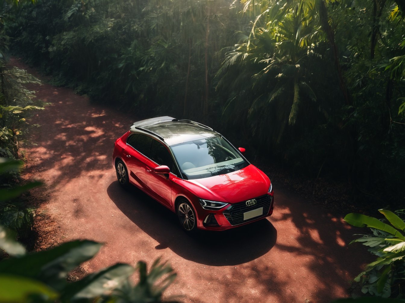 Realistic candid photo, view from above, hatchback car, brand AUDI, gross red body, in the jungle, morning light, high shadow detail,
