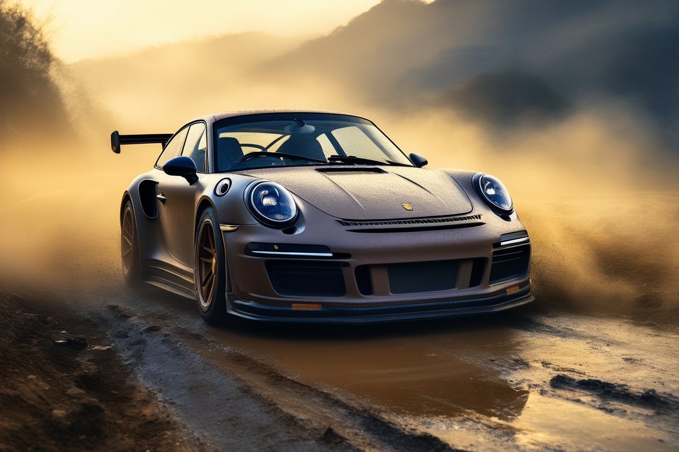 Rally car, (Porsche), in the valley, mud stained, dawn, misty, (front view), (realistic, photo, photorealistic)