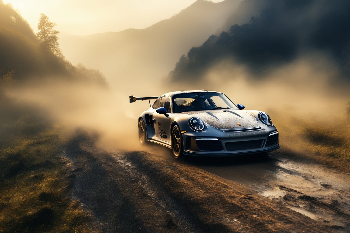 Rally car, (Porsche), in the valley, mud stained, dawn, misty, (above view), (realistic, photo, photorealistic)