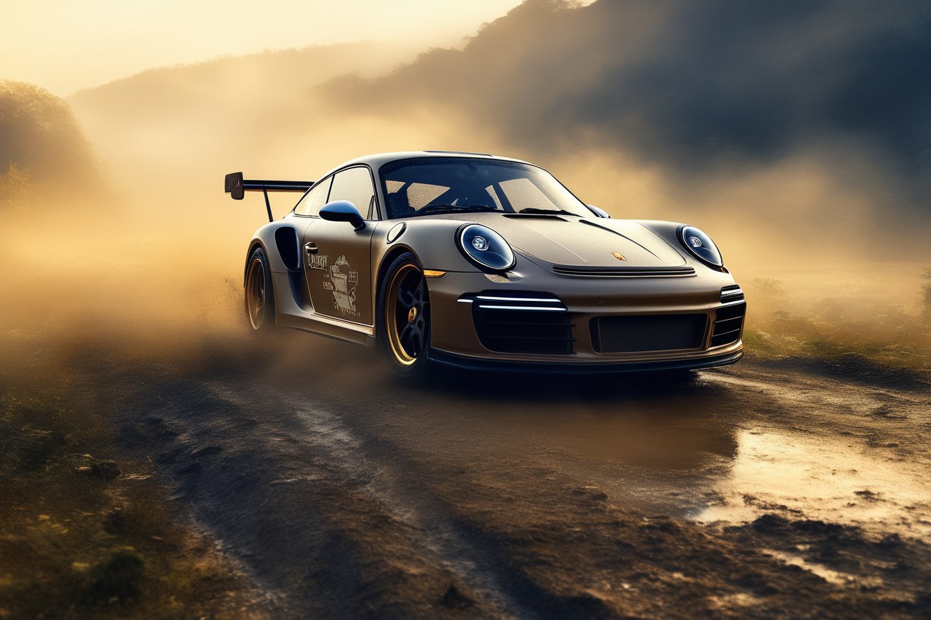 Rally car, (Porsche), in the valley, mud stained, dawn, misty, (side view), (realistic, photo, photorealistic)