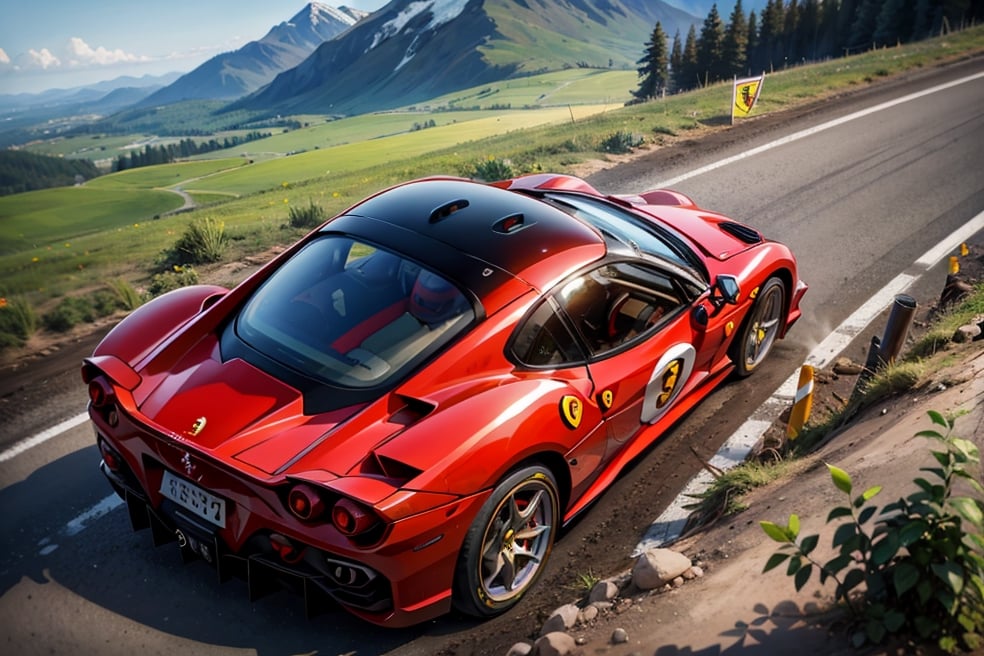 Rally car, (Ferrari), in the mountains, muddy, night, (from back view), 