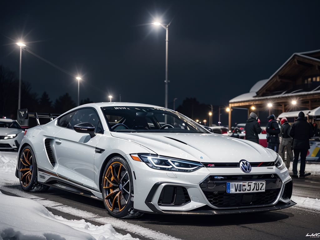 2030s era, supercar, coupe, silver body paint, racing custom, open front light, designed by Volkswagen, in the festival, snowy, night time, (best quality, realistic, photography, highly detailed, 8K, HDR, photorealism, naturalistic, lifelike, raw photo) 