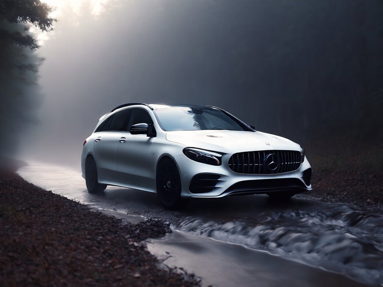 Realistic candid photo, hatchback car, brand Mercedes-AMG, gross white body, in the woods, stream, dawn, hazy, view from front,
