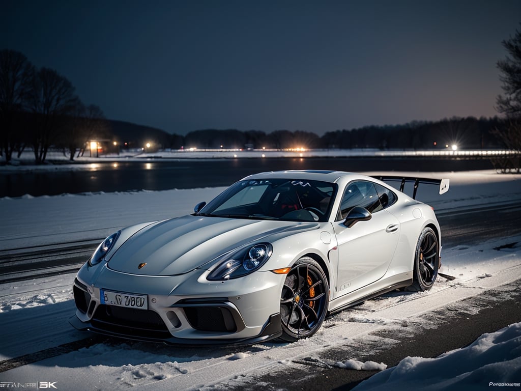 2030s era, supercar, coupe, silver paint, racing custom, open front light, designed by Porsche, in the festival, snowy, night time, (best quality, realistic, photography, highly detailed, 8K, HDR, photorealism, naturalistic, lifelike, raw photo) 